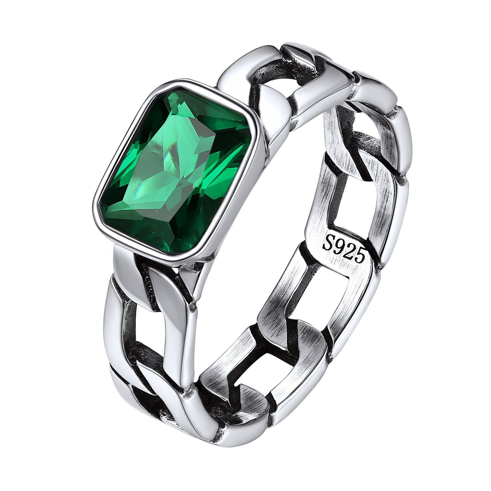 Silver Emerald Cubic Zirconia Chain Ring 