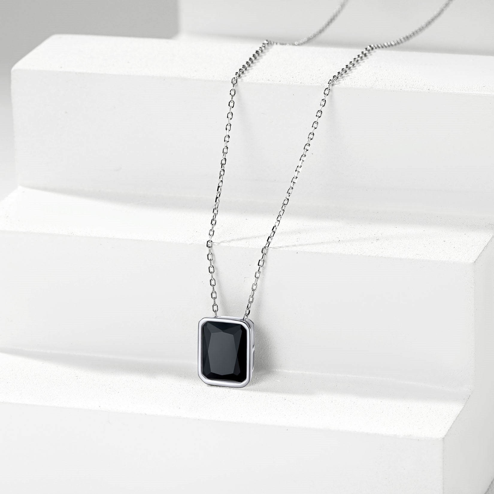 Silver Emerald Cut CZ Necklace Black Stone