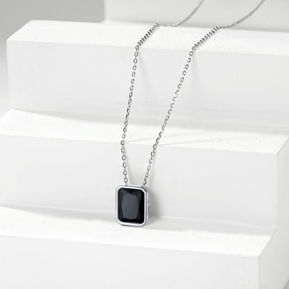 Silver Emerald Cut CZ Necklace Black Stone