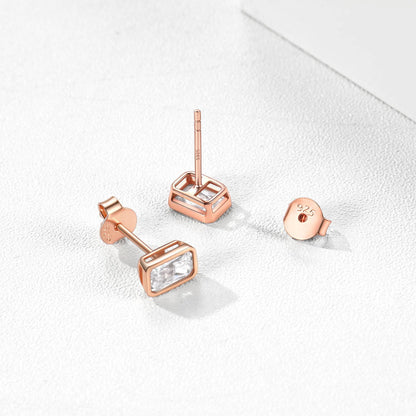Silver Emerald_Cut_CZ_Stud_Earrings Rose Gold Plated