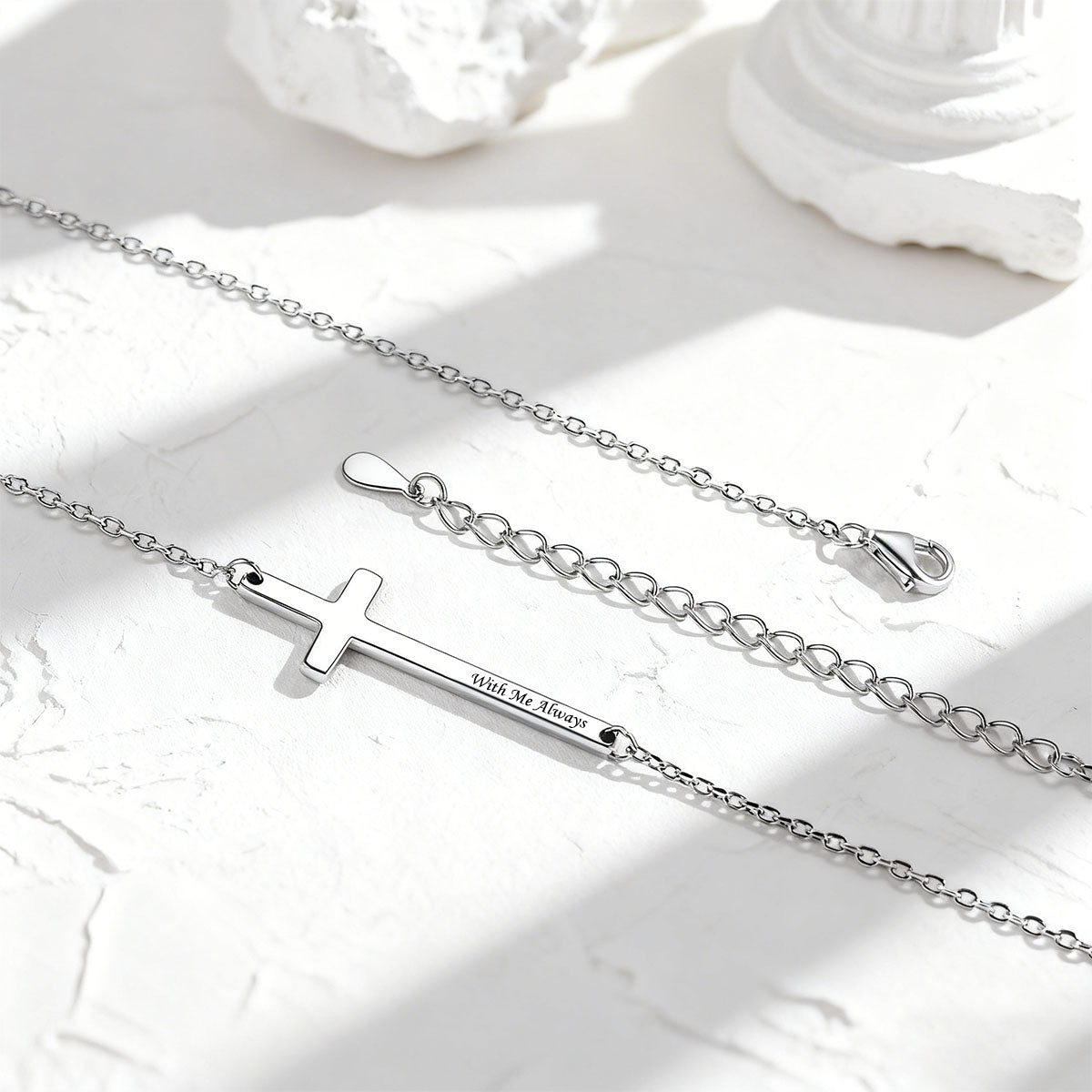 Silver Engraved Sideways Cross Necklace