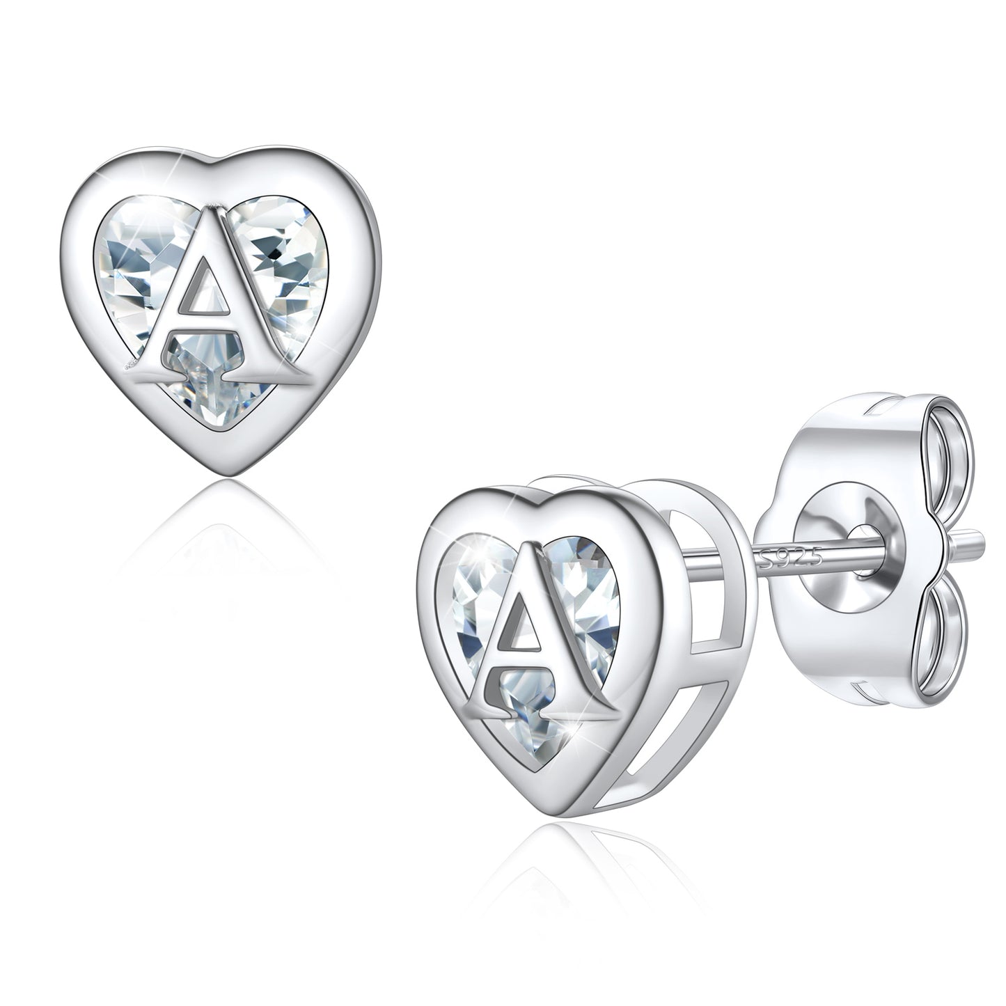 Silver Heart Letter Initial A Cubic Zirconia Stud Earrings