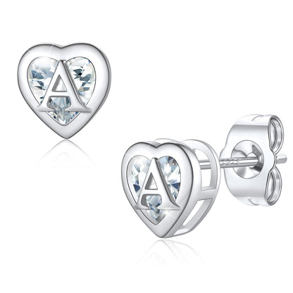 Silver Heart Letter Initial A Cubic Zirconia Stud Earrings