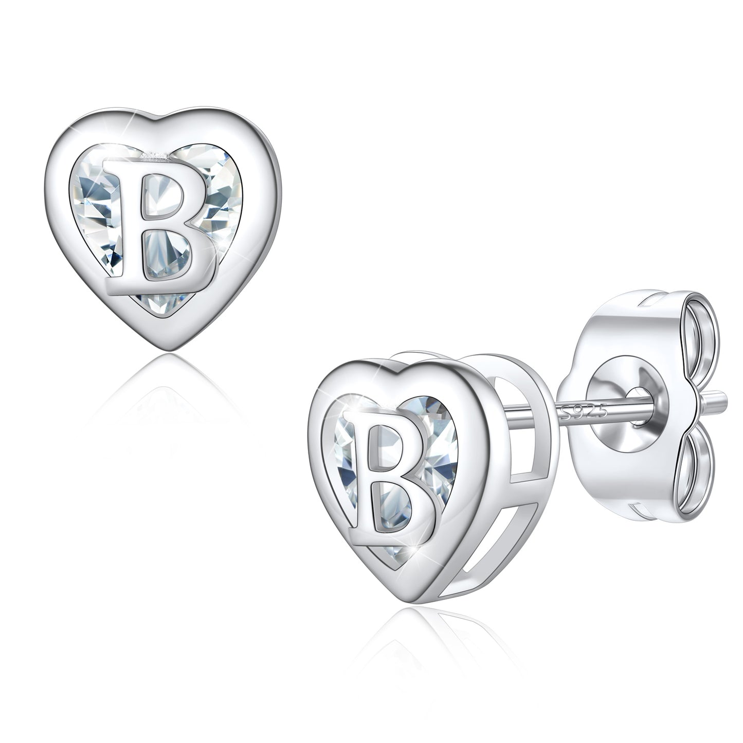 Silver Heart Letter Initial B Cubic Zirconia Stud Earrings