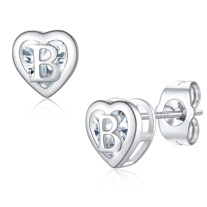 Silver Heart Letter Initial B Cubic Zirconia Stud Earrings