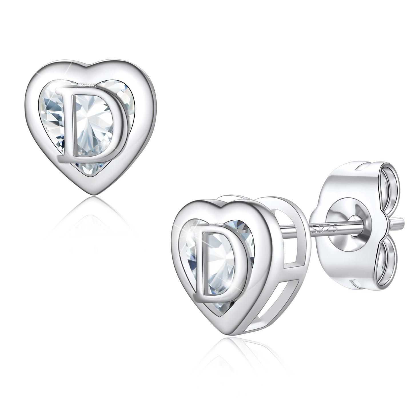 Silver Heart Letter Initial D Cubic Zirconia Stud Earrings
