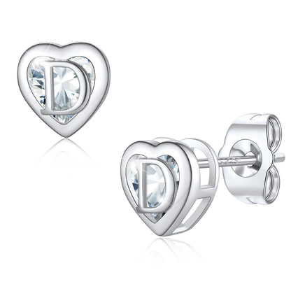 Silver Heart Letter Initial D Cubic Zirconia Stud Earrings