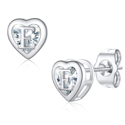 Silver Heart Letter Initial E Cubic Zirconia Stud Earrings