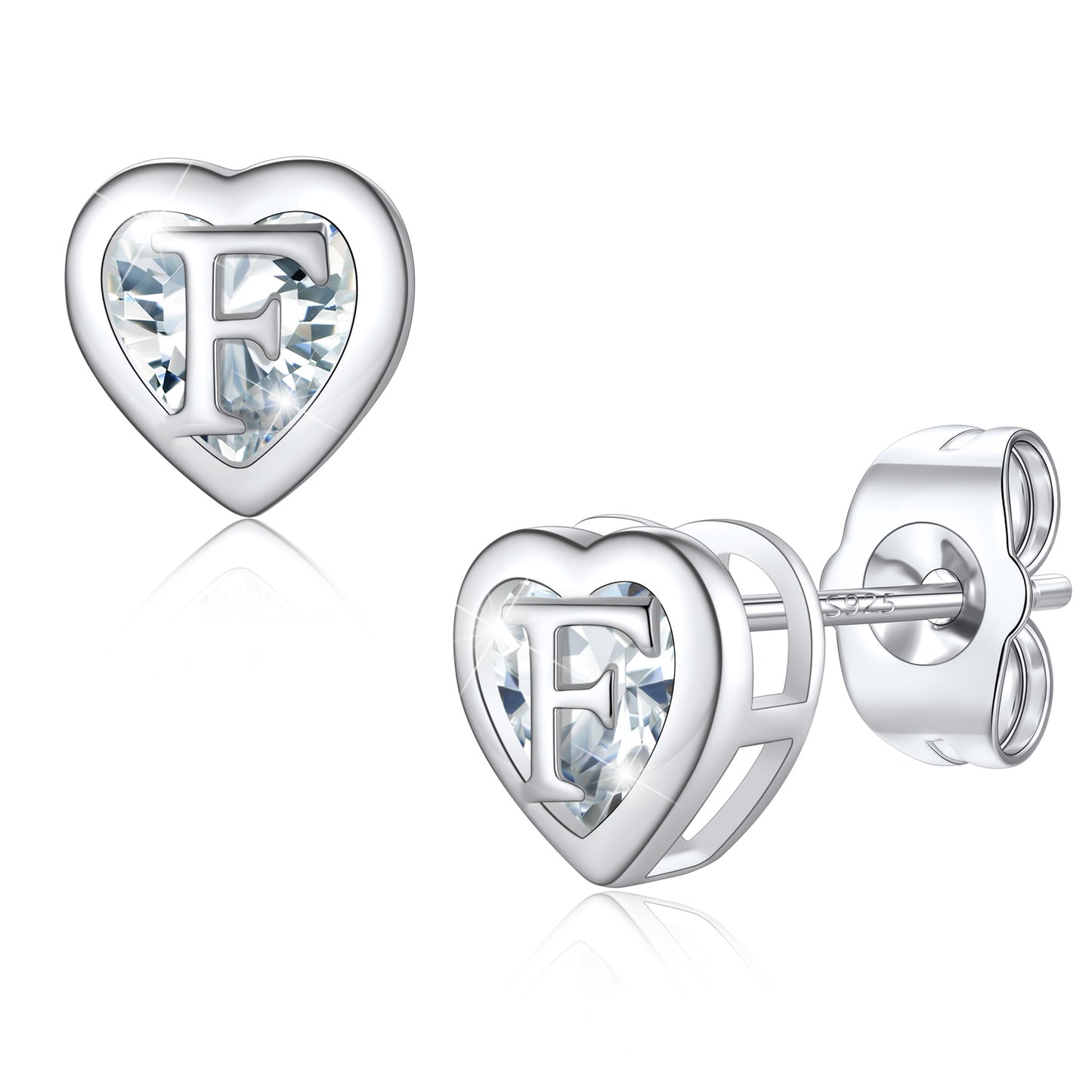 Silver Heart Letter Initial F Cubic Zirconia Stud Earrings