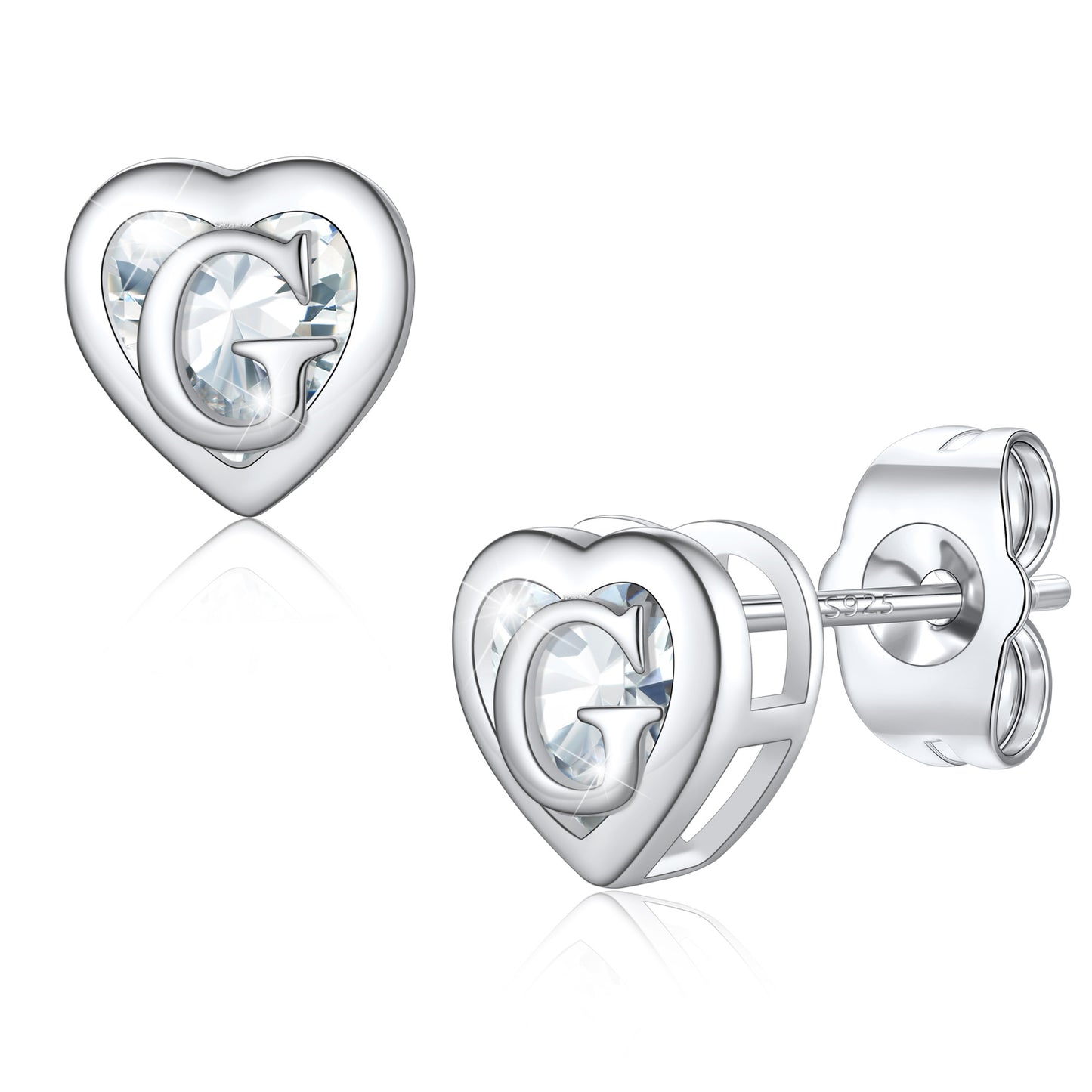 Silver Heart Letter Initial G Cubic Zirconia Stud Earrings