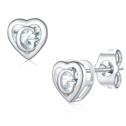 Silver Heart Letter Initial G Cubic Zirconia Stud Earrings