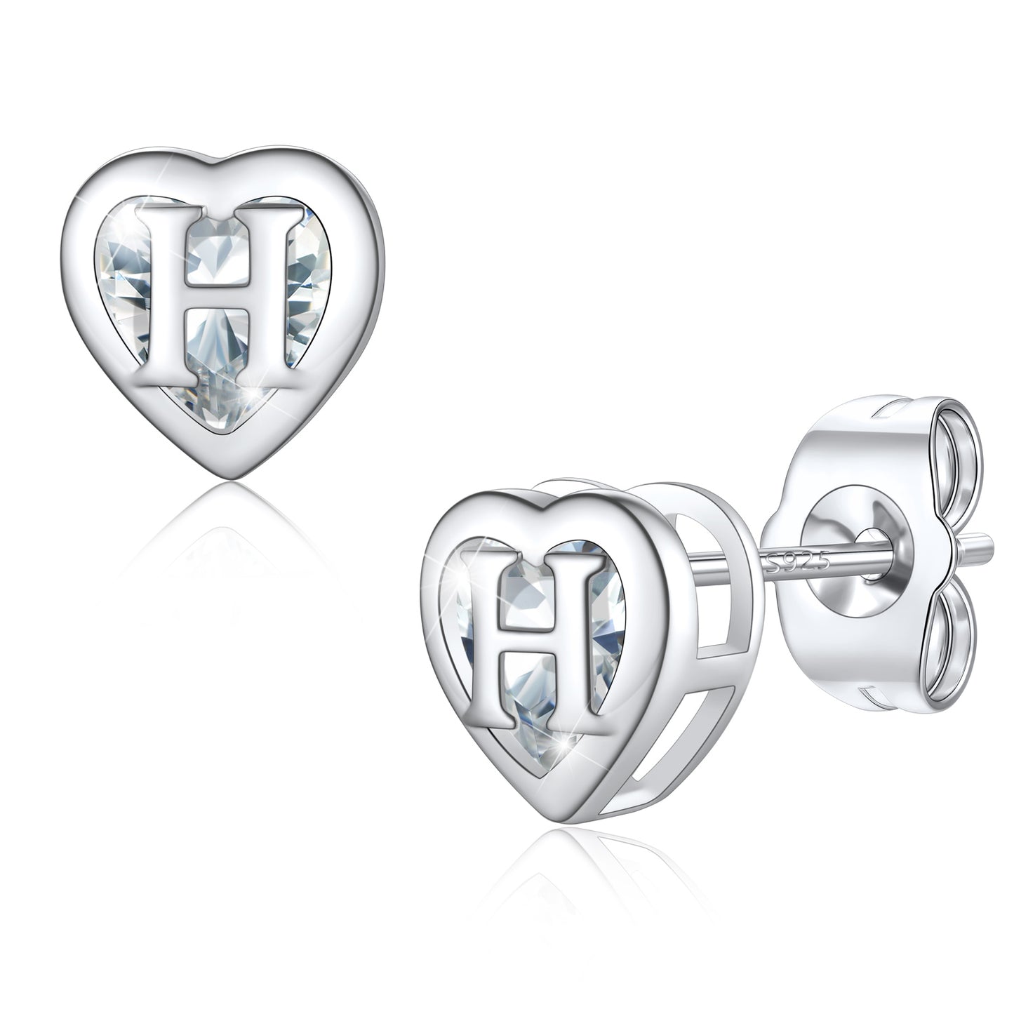 Silver Heart Letter Initial H Cubic Zirconia Stud Earrings
