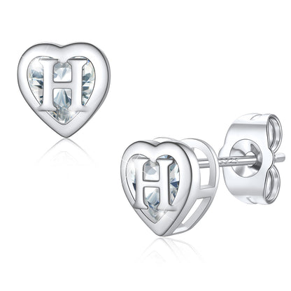 Silver Heart Letter Initial H Cubic Zirconia Stud Earrings