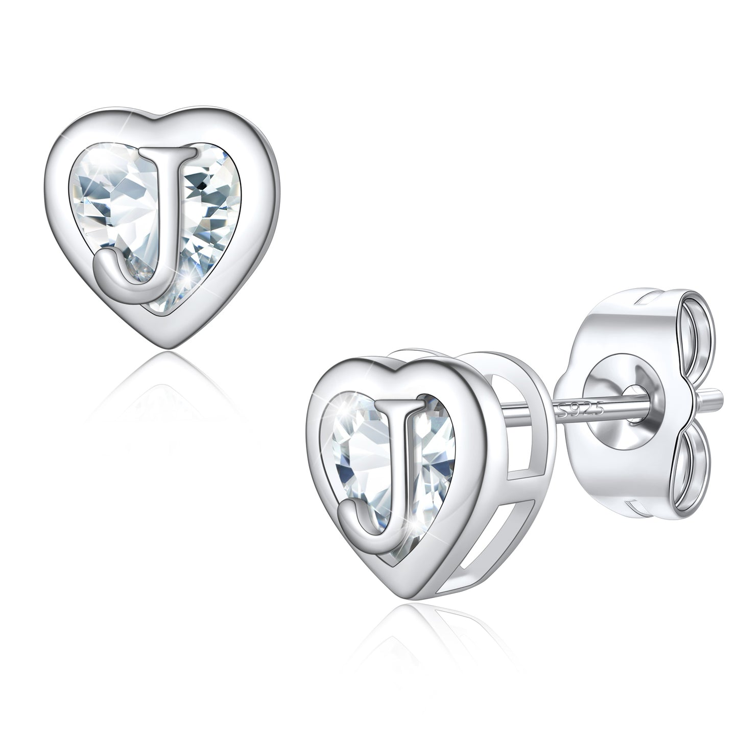 Silver Heart Letter Initial J Cubic Zirconia Stud Earrings