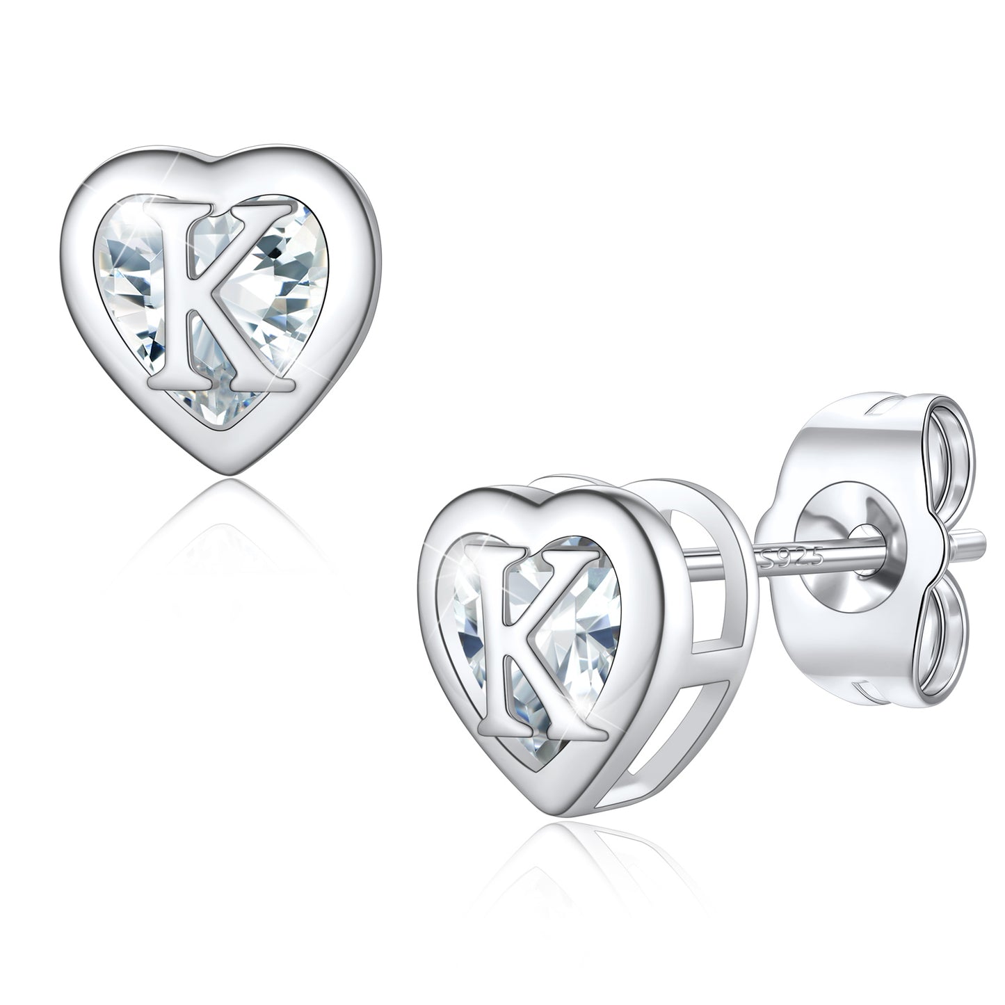 Silver Heart Letter Initial K Cubic Zirconia Stud Earrings