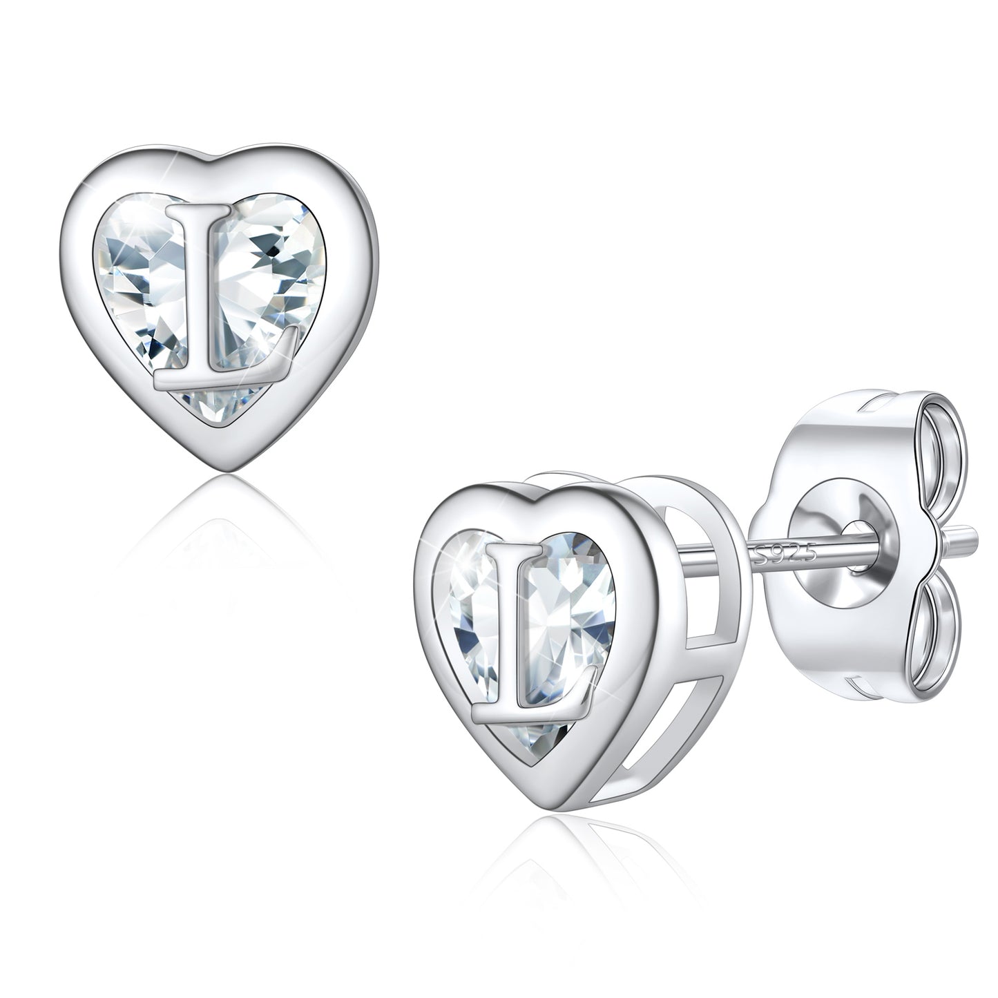 Silver Heart Letter Initial L Cubic Zirconia Stud Earrings