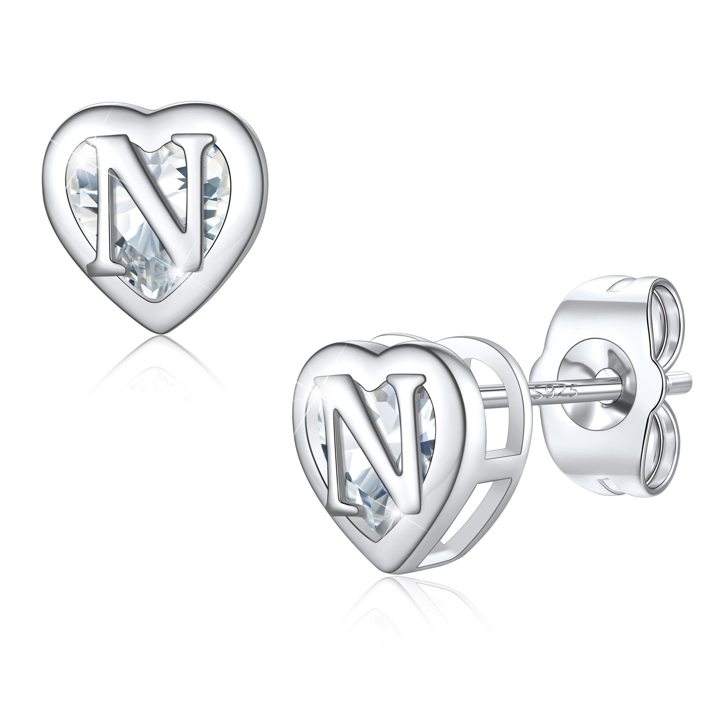 Silver Heart Letter Initial N Cubic Zirconia Stud Earrings