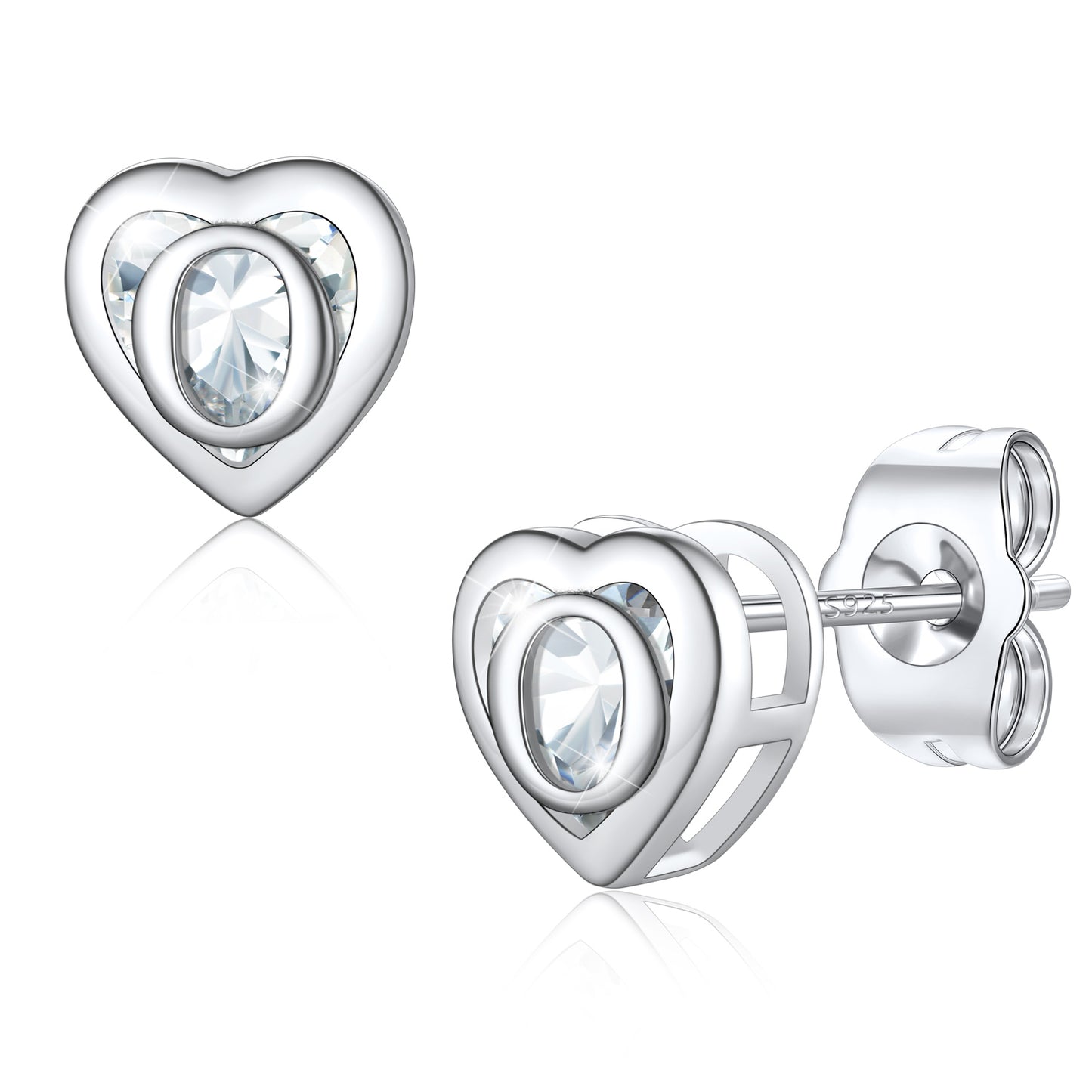 Silver Heart Letter Initial O Cubic Zirconia Stud Earrings