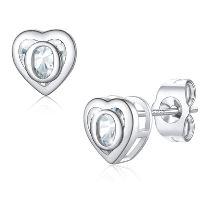Silver Heart Letter Initial O Cubic Zirconia Stud Earrings