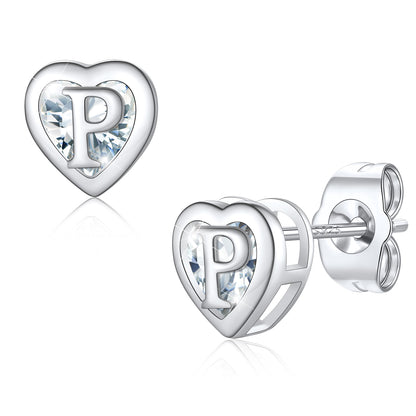 Silver Heart Letter Initial P Cubic Zirconia Stud Earrings