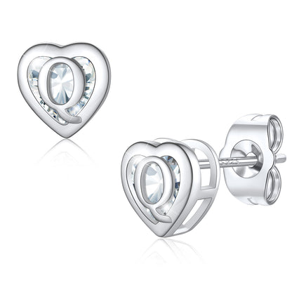 Silver Heart Letter Initial Q Cubic Zirconia Stud Earrings