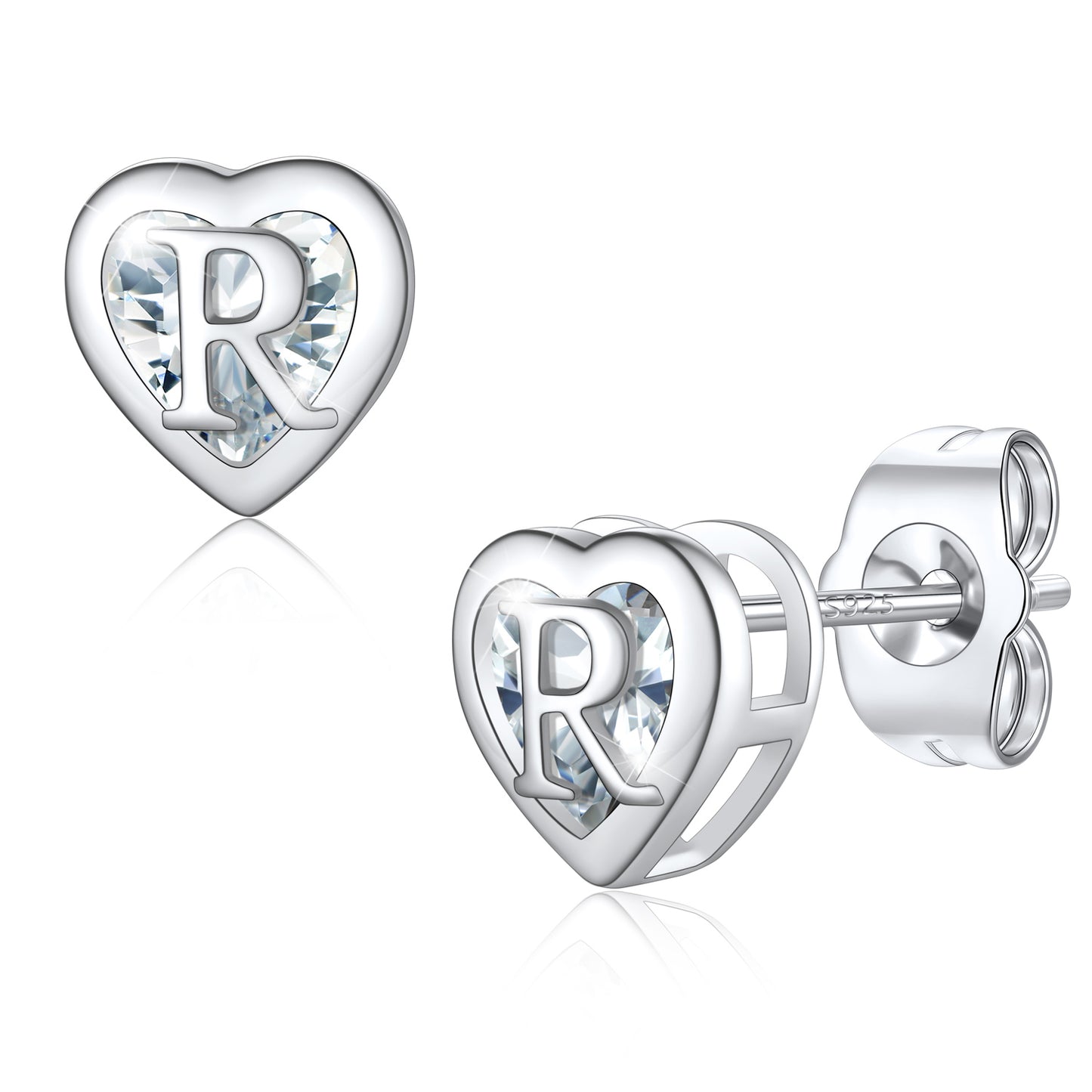 Silver Heart Letter Initial R Cubic Zirconia Stud Earrings