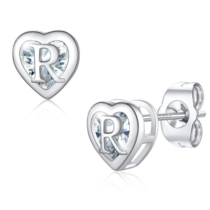 Silver Heart Letter Initial R Cubic Zirconia Stud Earrings
