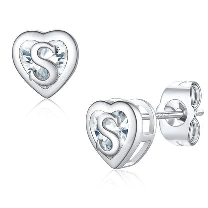 Silver Heart Letter Initial S Cubic Zirconia Stud Earrings