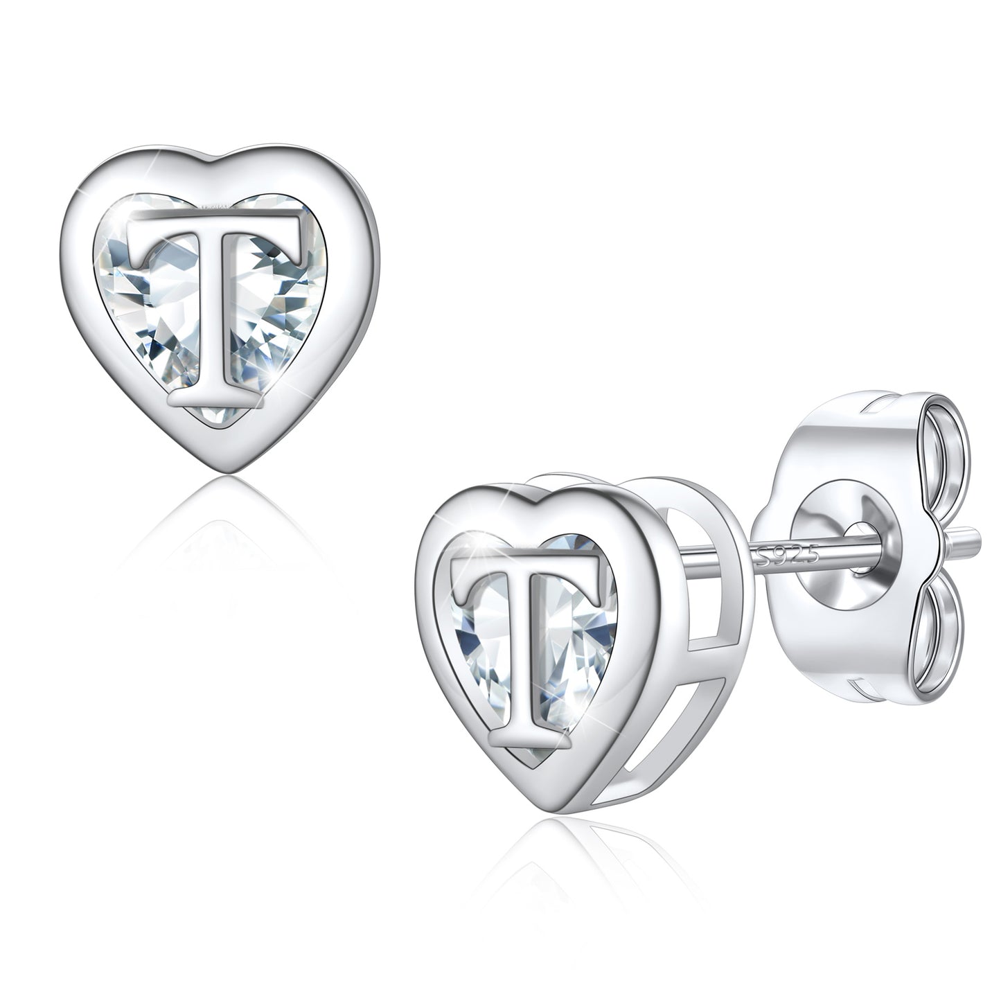 Silver Heart Letter Initial T Cubic Zirconia Stud Earrings