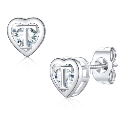 Silver Heart Letter Initial T Cubic Zirconia Stud Earrings