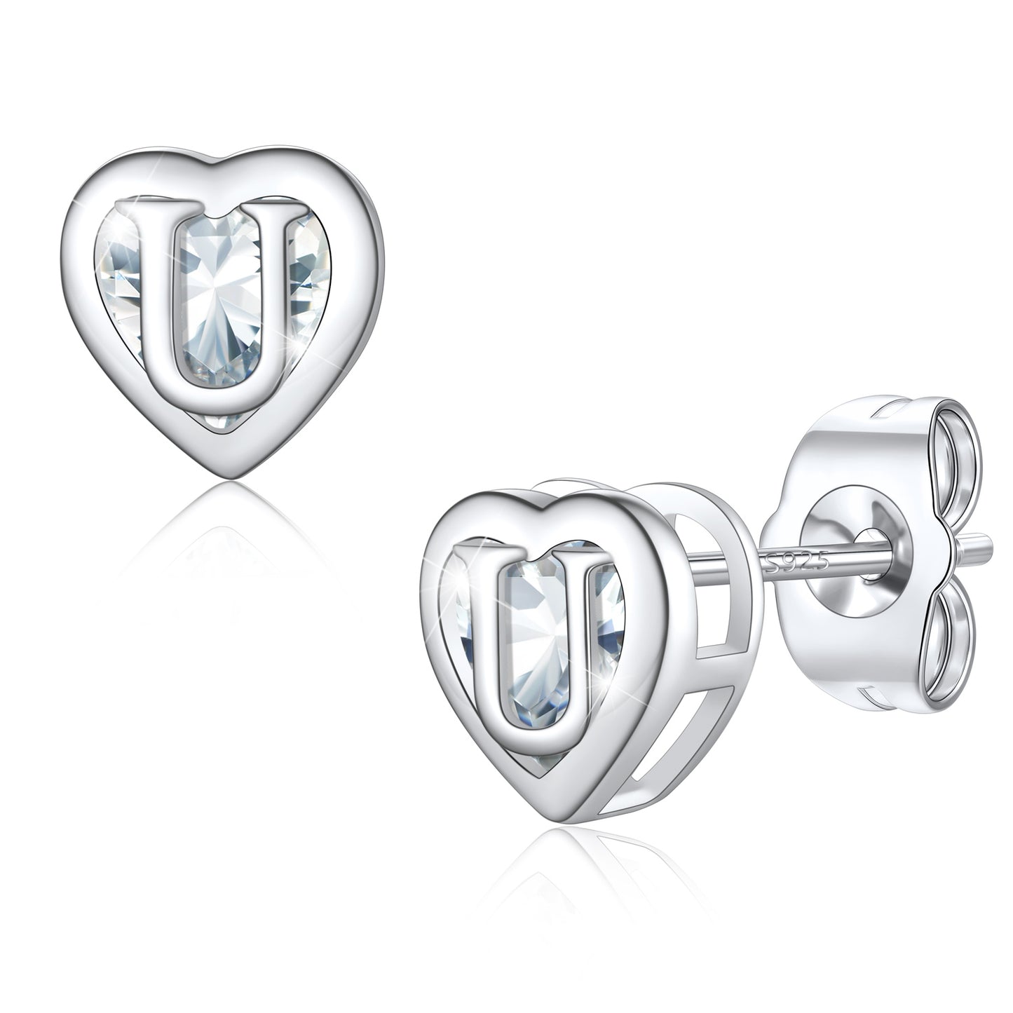 Silver Heart Letter Initial U Cubic Zirconia Stud Earrings