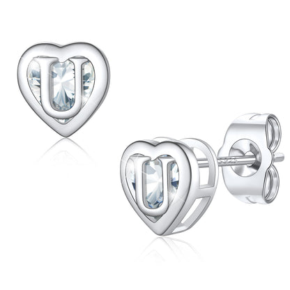 Silver Heart Letter Initial U Cubic Zirconia Stud Earrings