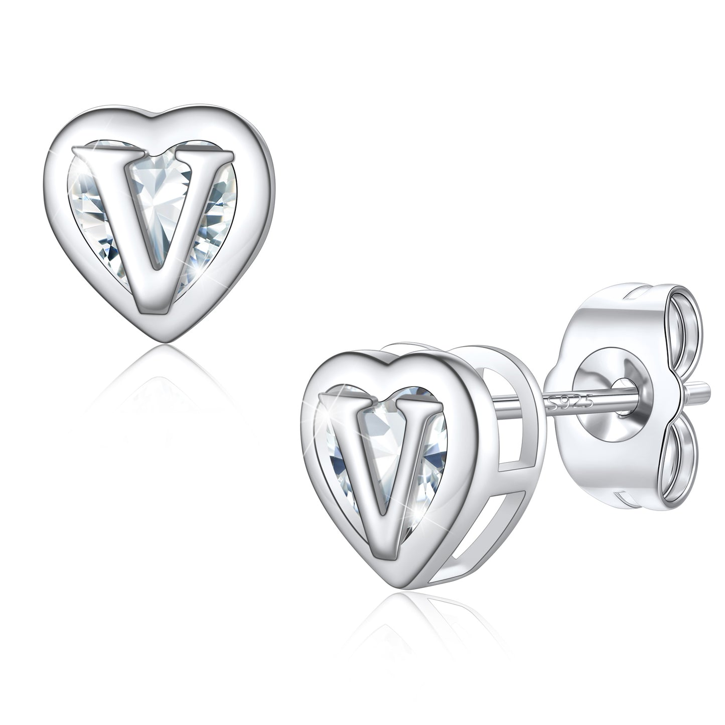 Silver Heart Letter Initial V Cubic Zirconia Stud Earrings