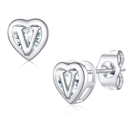 Silver Heart Letter Initial V Cubic Zirconia Stud Earrings
