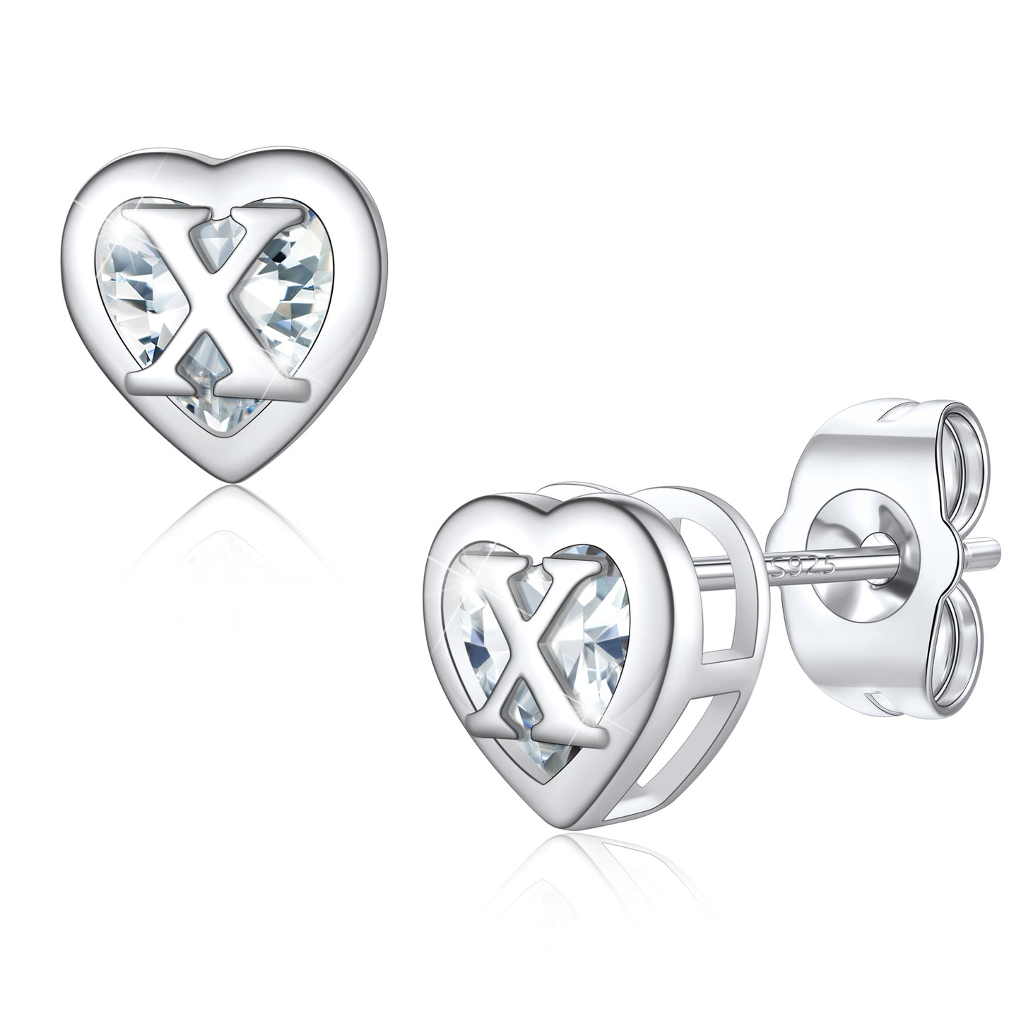 Silver Heart Letter Initial X Cubic Zirconia Stud Earrings