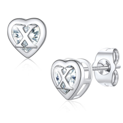 Silver Heart Letter Initial X Cubic Zirconia Stud Earrings