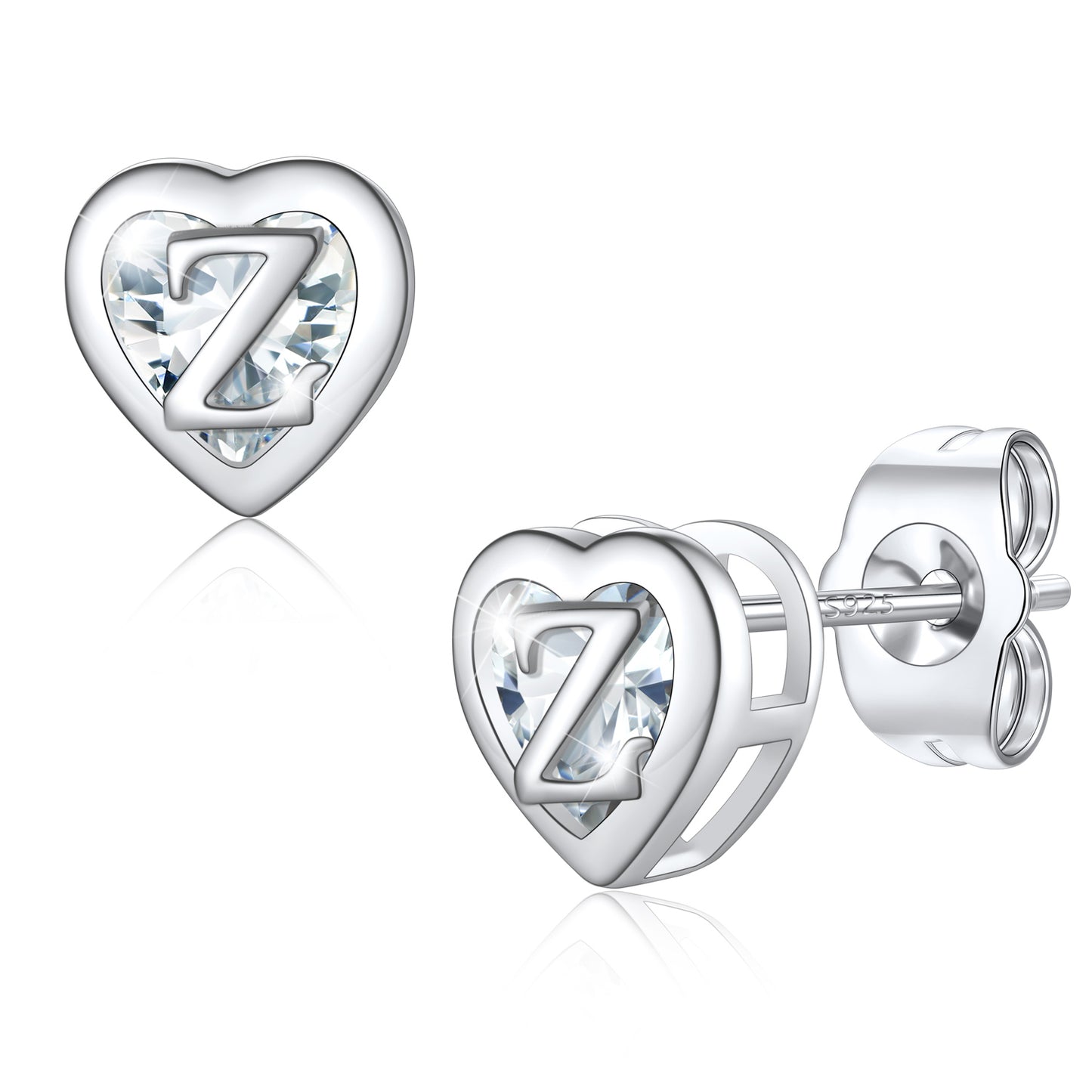 Silver Heart Letter Initial Z Cubic Zirconia Stud Earrings