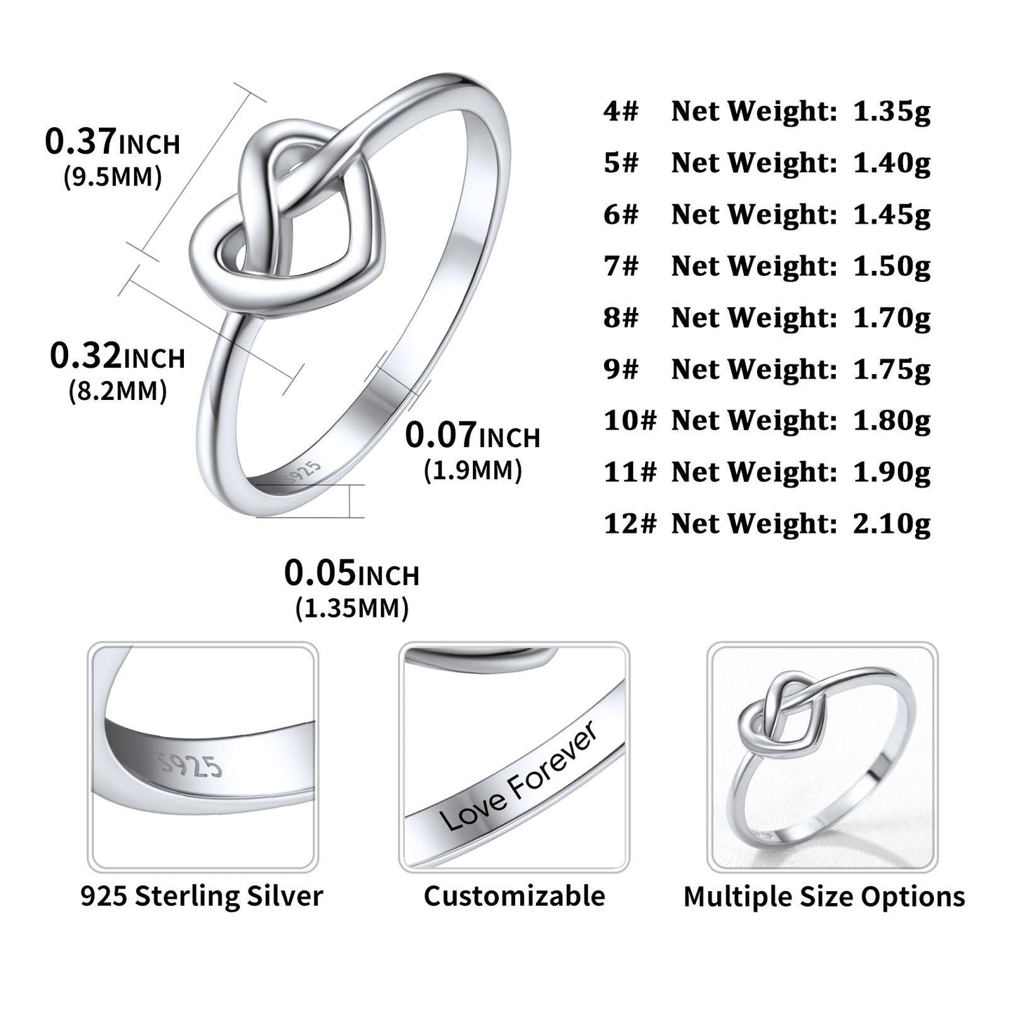 Silver Heart Love Knot Promise Ring Dimension, Durable