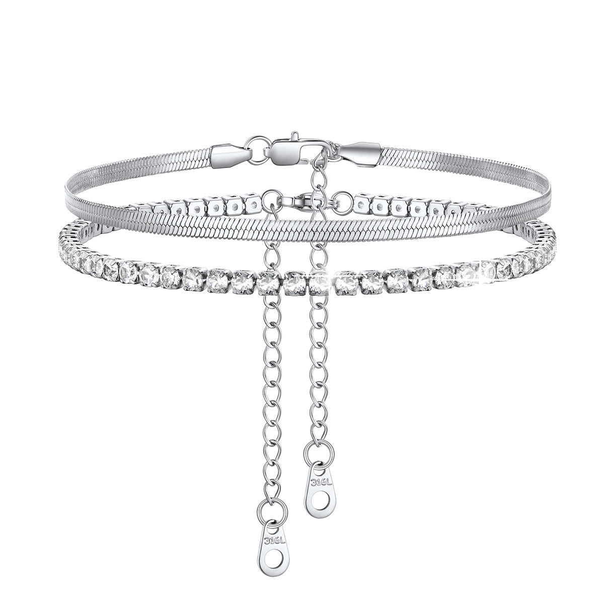 Silver Herringbone & Tennis anklets with chain on a white background