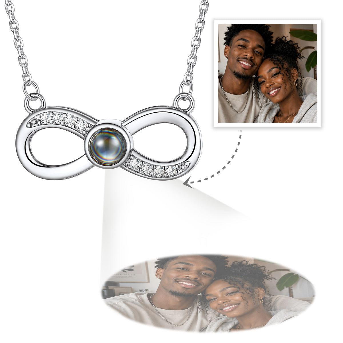 Silver Infinity necklace displayed with a couple's photo.
