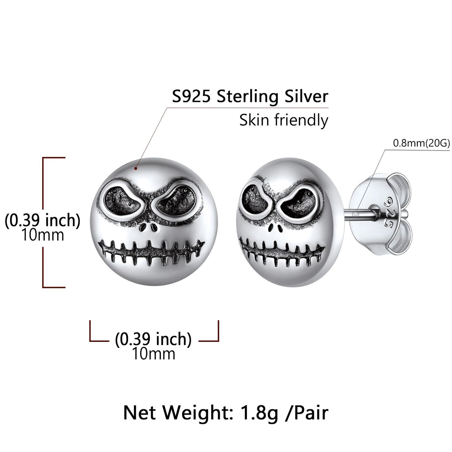 Silver Jack Skellington Stud Earrings: Dimension, Hypoallergenic