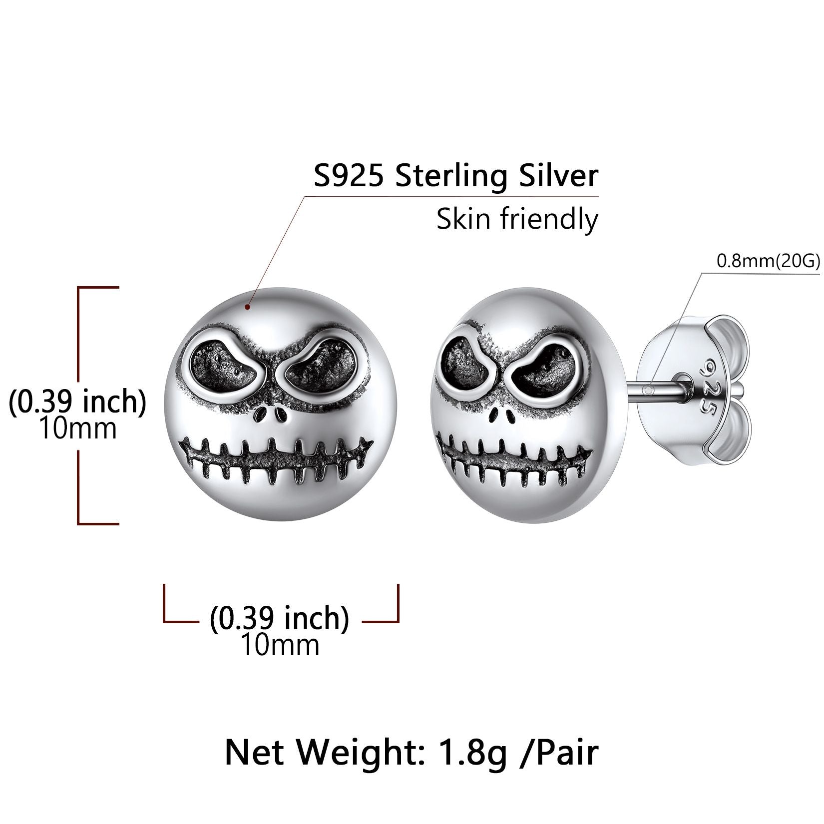 Silver Jack Skellington Stud Earrings: Dimension, Hypoallergenic