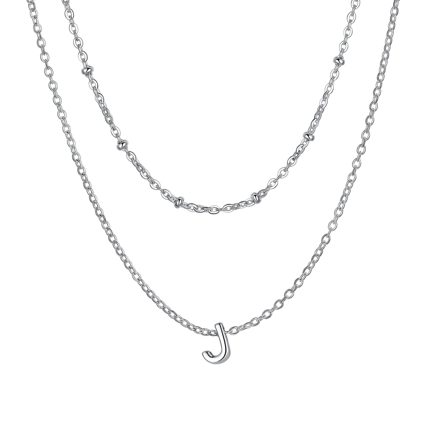 Silver Layered initial J necklace on a white background