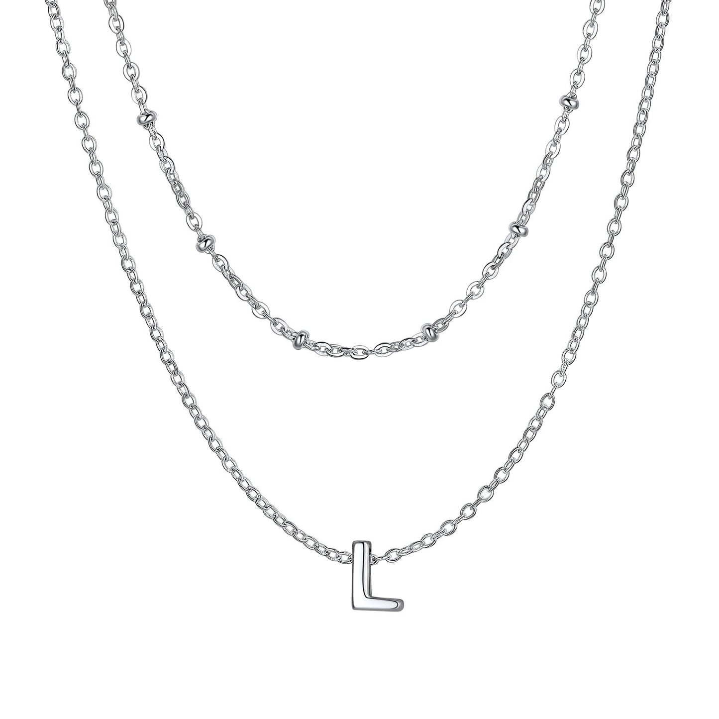 Silver Layered initial L necklace on a white background