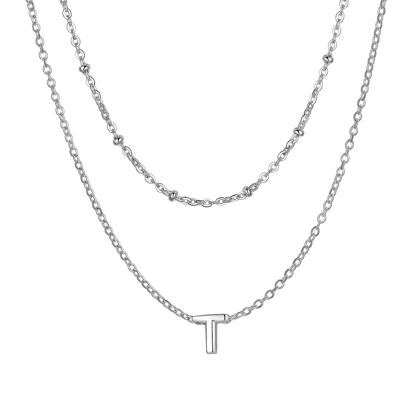 Silver Layered initial T necklace on a white background