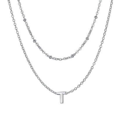 Silver Layered initial T necklace on a white background