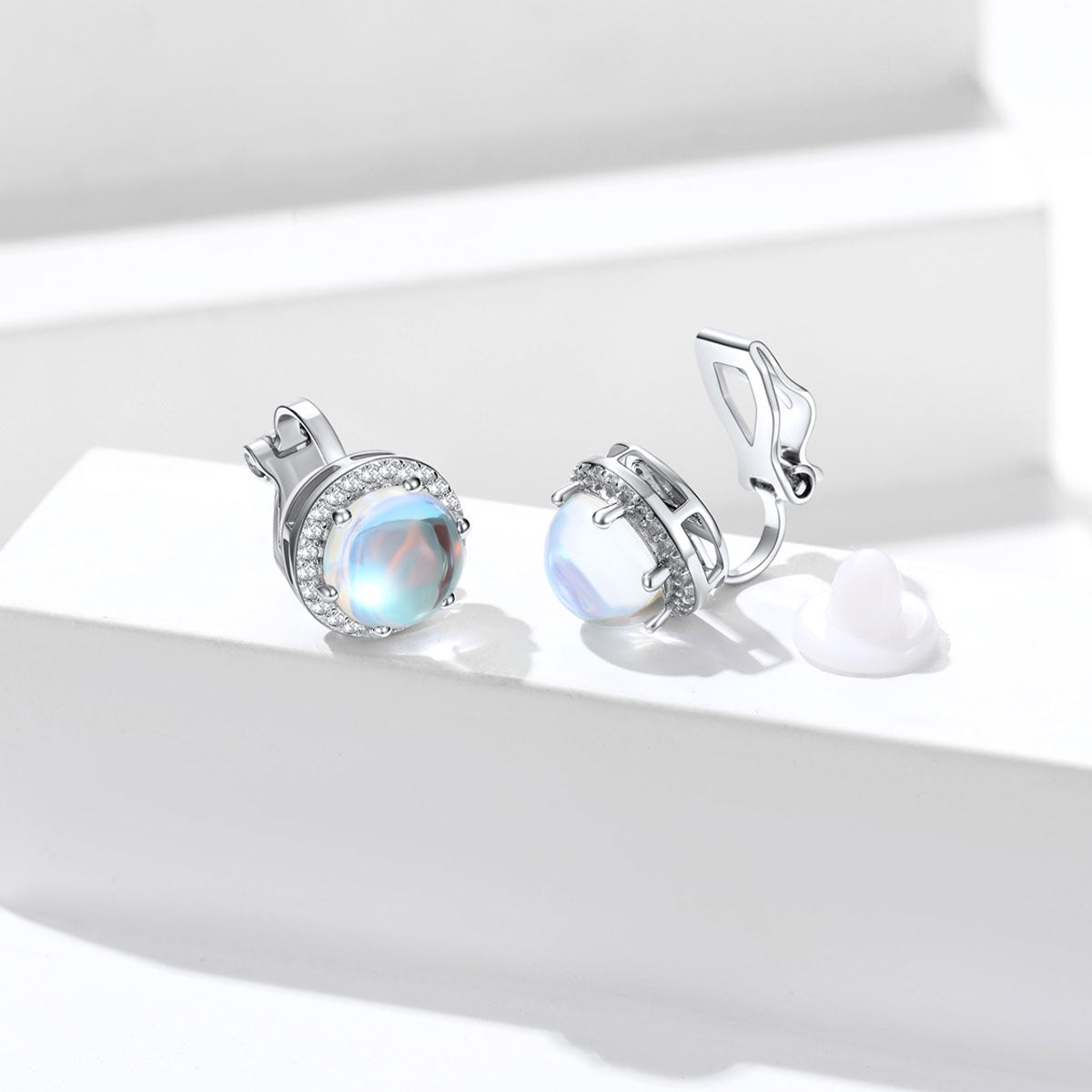 Silver Moonstone Non-Pierced Stud Earrings for Women