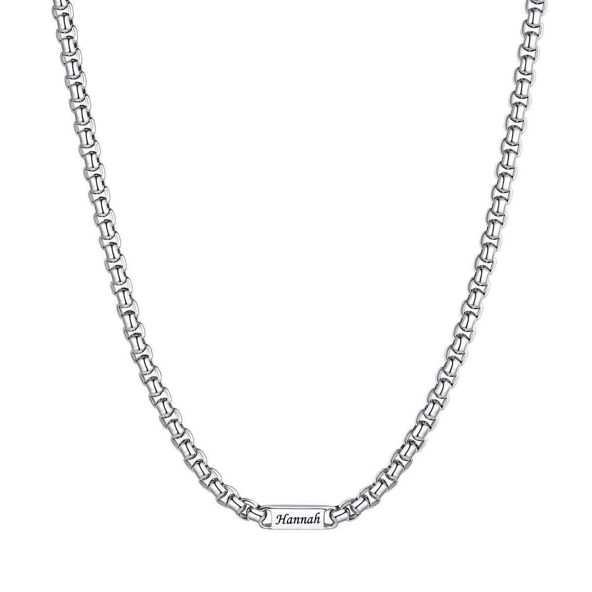 Silver Personalized Engraving 1 Name Box Chain Necklace on a white background 5mm 