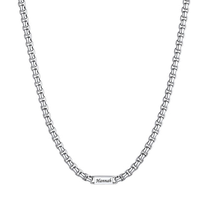 Silver Personalized Engraving 1 Name Box Chain Necklace on a white background 5mm 