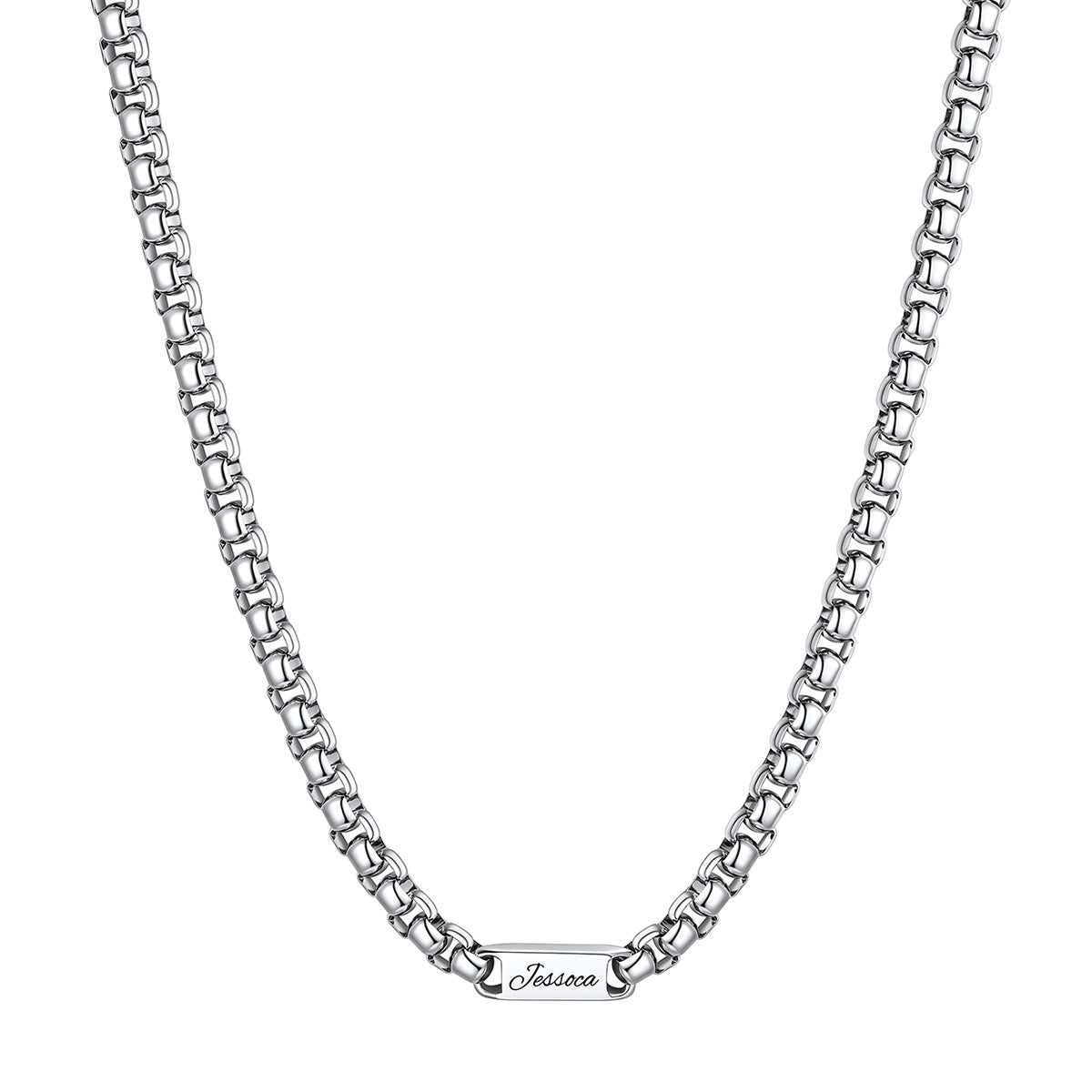 Silver Personalized Engraving 1 Name Box Chain Necklace on a white background 7mm 